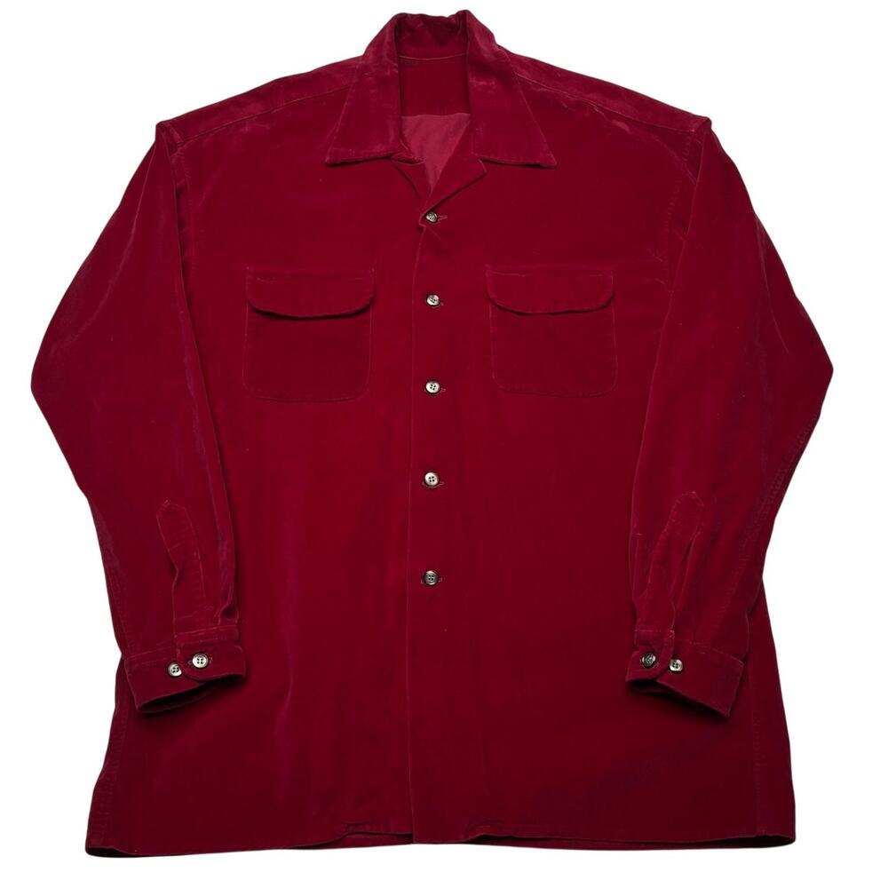 Vintage 1950s Red Velvet Camp Collar Sport Shirt Men XXL Rockabilly Flap Pockets